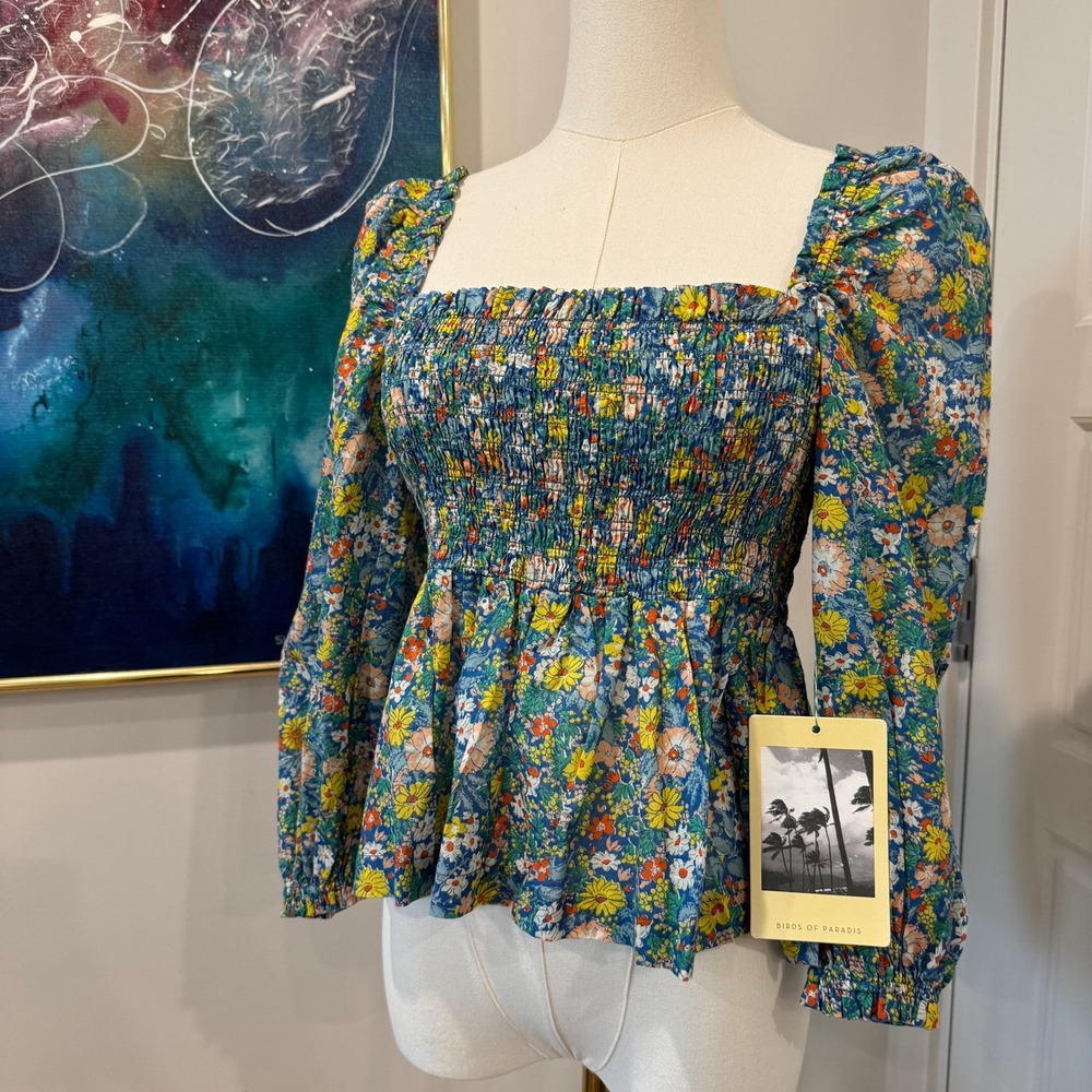 Birds of Paradis by Trovata Alize Blouse Blue Floral Smocked Peplum Top XS NEW